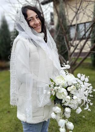 Белая женская кружевная вуаль, шаль для церкви, закрывающий голову шарф,для торжества и просто службы. платок1 фото