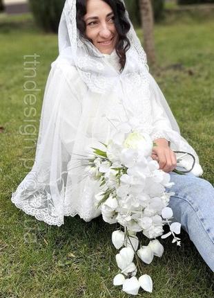 Белая женская кружевная вуаль, шаль для церкви, закрывающий голову шарф,для торжества и просто службы. платок7 фото