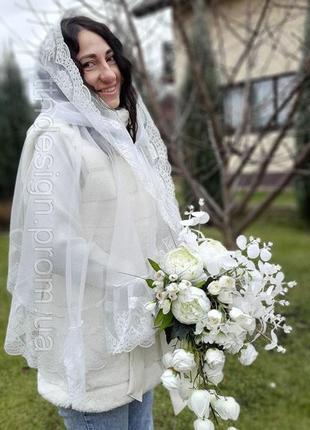 Біла жіноча мереживна вуаль, шаль для церкви, що закриває голову шарф, для урочистості та просто служби. хустка8 фото