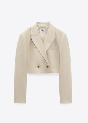 Укороченный двубортный жакет zara из смесового льна