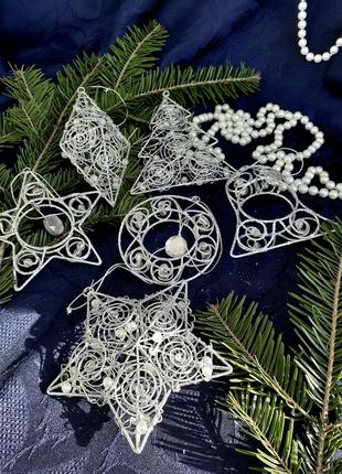 Звезда ❄колокольчик🎄 елочка🌟 фонарик подвеска набор елочных игрушек новогодних рождественских подвесок из проволоки серебро3 фото