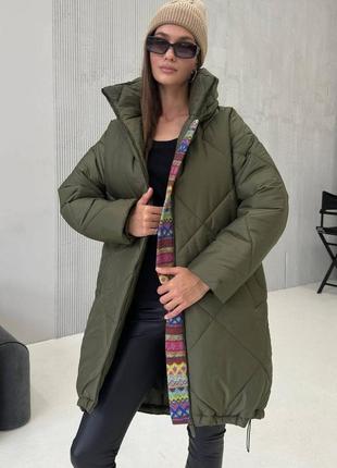 Объемная зимняя куртка оверсайз с орнаментом 44-50 размеры разные цвета2 фото