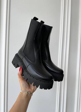 Женские зимние челси ботинки высокие с мехом черные сапоги теплые ботинки кожаные 36-402 фото
