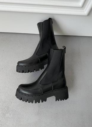 Женские зимние челси ботинки высокие с мехом черные сапоги теплые ботинки кожаные 36-40