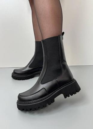 Женские зимние челси ботинки высокие с мехом черные сапоги теплые ботинки кожаные 36-407 фото