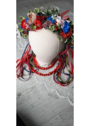 Венок украинский на голову в красных и синих тонах с  лентами под вышиванку для фотоссесии4 фото