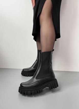 Жіночі зимові челсі черевики високі з хутром чорні чоботи теплі черевики шкіряні 36-407 фото