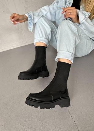 Жіночі зимові челсі черевики високі з хутром чорні чоботи теплі черевики шкіряні 36-403 фото