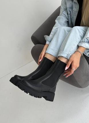 Женские зимние челси ботинки высокие с мехом черные сапоги теплые ботинки кожаные 36-404 фото