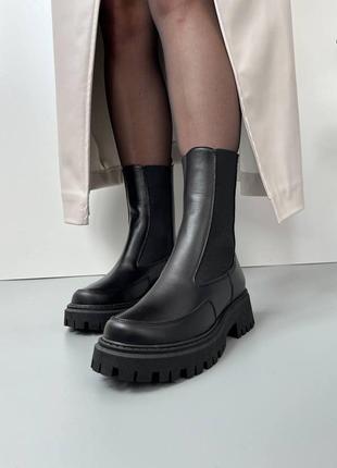 Женские зимние челси ботинки высокие с мехом черные сапоги теплые ботинки кожаные 36-402 фото