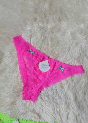 Яскраво кислотні малинові салатові гіпюрові мереживні трусики стрейч