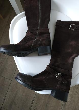Оригінальні жіночі чоботи prada, коричневі замшеві чоботи  prada оригінал, демісезонні чоботи шкіра