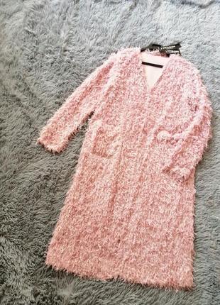 Пушистый длинный кардиган с карманами эффект перьев трава цвет розовый сиреневый1 фото