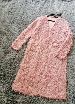 Пушистый длинный кардиган с карманами эффект перьев трава цвет розовый сиреневый4 фото