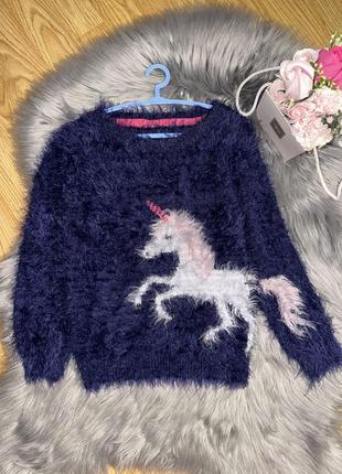 Стильный теплый пушистый свитер с единорогом для девочки 6/7р nutmeg