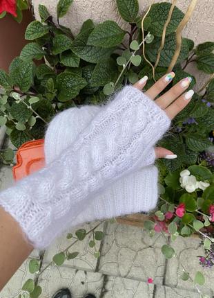 Белые перчатки митенки белые вязаные пушистые перчатки zara без пальцев перчатки ангора мохер молочные8 фото