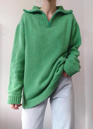 Хлопковый свитер зип зеленый джемпер хлопок пуловер реглан лонгслив кардиган кофта поло свитер винтажный джемпер9 фото