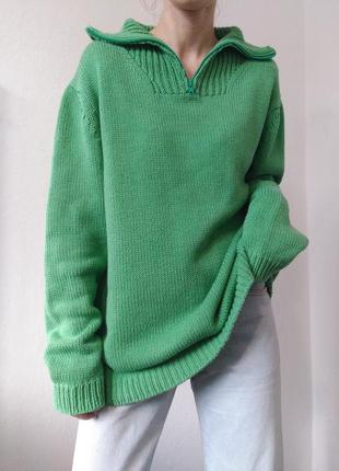 Хлопковый свитер зип зеленый джемпер хлопок пуловер реглан лонгслив кардиган кофта поло свитер винтажный джемпер7 фото
