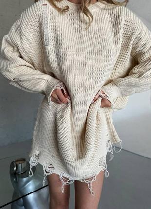Вязаный свитер туника рванка оверсайз, туника порованная на осень, вязаная объемная туника свитер4 фото