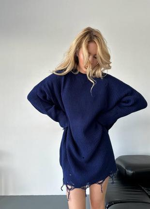 Вязаный свитер туника рванка оверсайз, туника порованная на осень, вязаная объемная туника свитер5 фото
