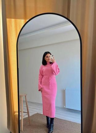 Сукня міді однонтонна ангора на довгий рукав вільного крою якісна стильна трендова рожева електрик