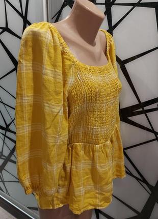 Шикарная блуза в клетку чистый лен от marks spenser горчичного цвета 50-54 размер7 фото