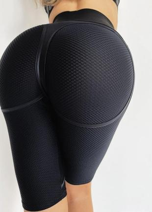 Спортивний костюм двійка шорти та топ з еластичної сіточки з ефектом пуш-ап, чорного кольору, розмір s10 фото