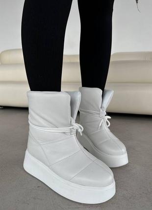 Стильные белые удобные женские ботинки дутики зимние на толстой подошве, натуральная кожа зима7 фото