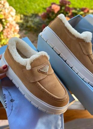 Лоферы туфли женские натуральные рыжие замша мех зимние брендовые в стиле prada