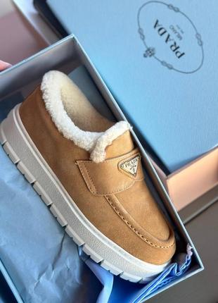 Лоферы туфли женские натуральные рыжие замша мех зимние брендовые в стиле prada