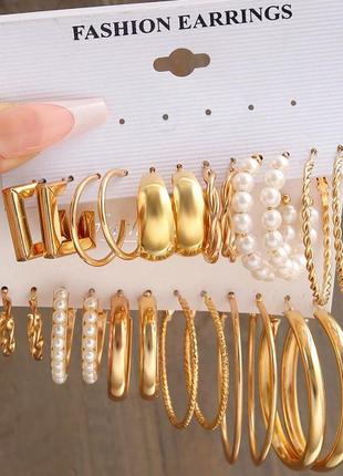 Набор женских сережек, 12 пар набор сережек-колец, сережки для девушек, серьги-кольца с жемчугом2 фото