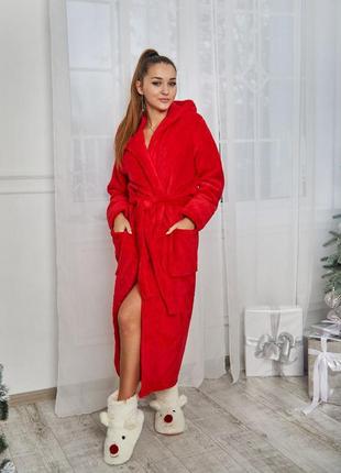 Жіночий махровий халат довгий червоний s-xl1 фото