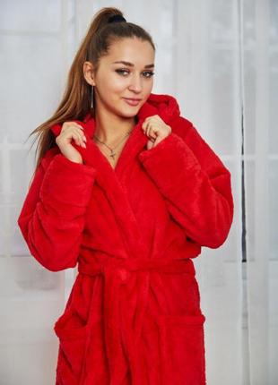 Жіночий махровий халат довгий червоний s-xl5 фото