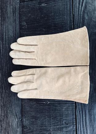 Перчатки из натуральной замши на подкладке из шерсти из аппликаций мяки теплые целегантные