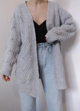 Серый кардиган светр джемпер пуловер реглан лонгслив кофта оверсайз вязаный свитер шерсть кардиган