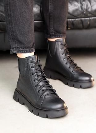 Стильные черные качественные женские зимние ботинки с мехом, без каблуков, кожаные/кожа-женская обувь зима2 фото