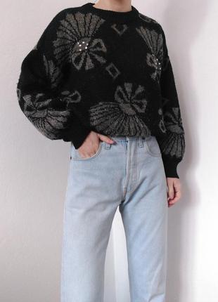 Вінтажний светр чорний джемпер вкорочений пуловер реглан лонгслів кофта вінтаж светр iшерсть
