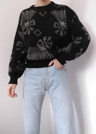 Винтажный свитер черный джемпер укороченный пуловер реглан лонгслив кофта винтаж свитер iшерсть3 фото
