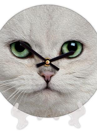 Часы настенные круглые «белый хмурый кот» деревянные с принтом 18 см