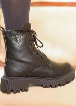Трендовые черные практичные зимние женские ботинки, полуперсцы с мехом, кожаные,натуральная кожа и мех6 фото