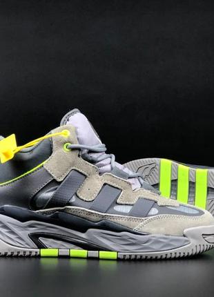 Зимние мужские кроссовки adidas niteball winter grey light green fur серого с салатовым цветам с мехом4 фото