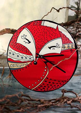 Настінний годинник круглий «лисиця» дерев'яний з принтом 36 см