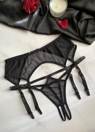 Черный пояс для чулок + трусики с доступом