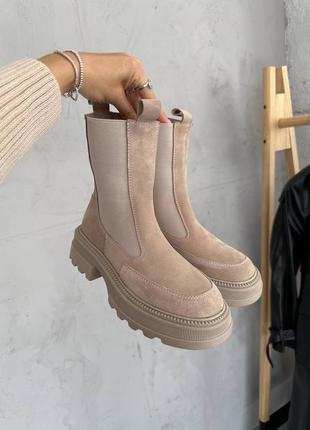 Жіночі зимові челсі замшеві черевики високі з хутром біжеві чоботи теплі 36-402 фото