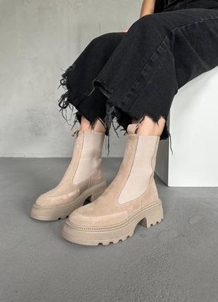 Жіночі зимові челсі замшеві черевики високі з хутром біжеві чоботи теплі 36-403 фото
