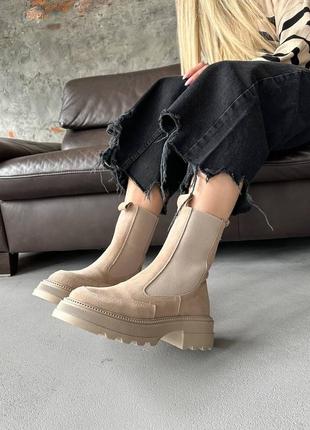 Жіночі зимові челсі замшеві черевики високі з хутром біжеві чоботи теплі 36-404 фото