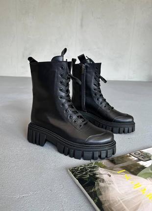 Женские зимние ботинки берцы высокие с мехом черные сапоги теплые ботинки кожаные 36-401 фото
