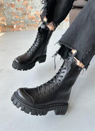 Жіночі зимові черевики берці високі з хутром чорні чоботи теплі черевики шкіряні 36-403 фото