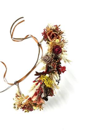 Осінній вінок на голову під вишиванку: бордовий, жовтий та коричневий вінок з штучних квітів та сухоцвітів2 фото