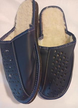 Тапочки мужские комнатные кожаные с овчиной ,закрытый носок ,синие, 40-46 размеры.